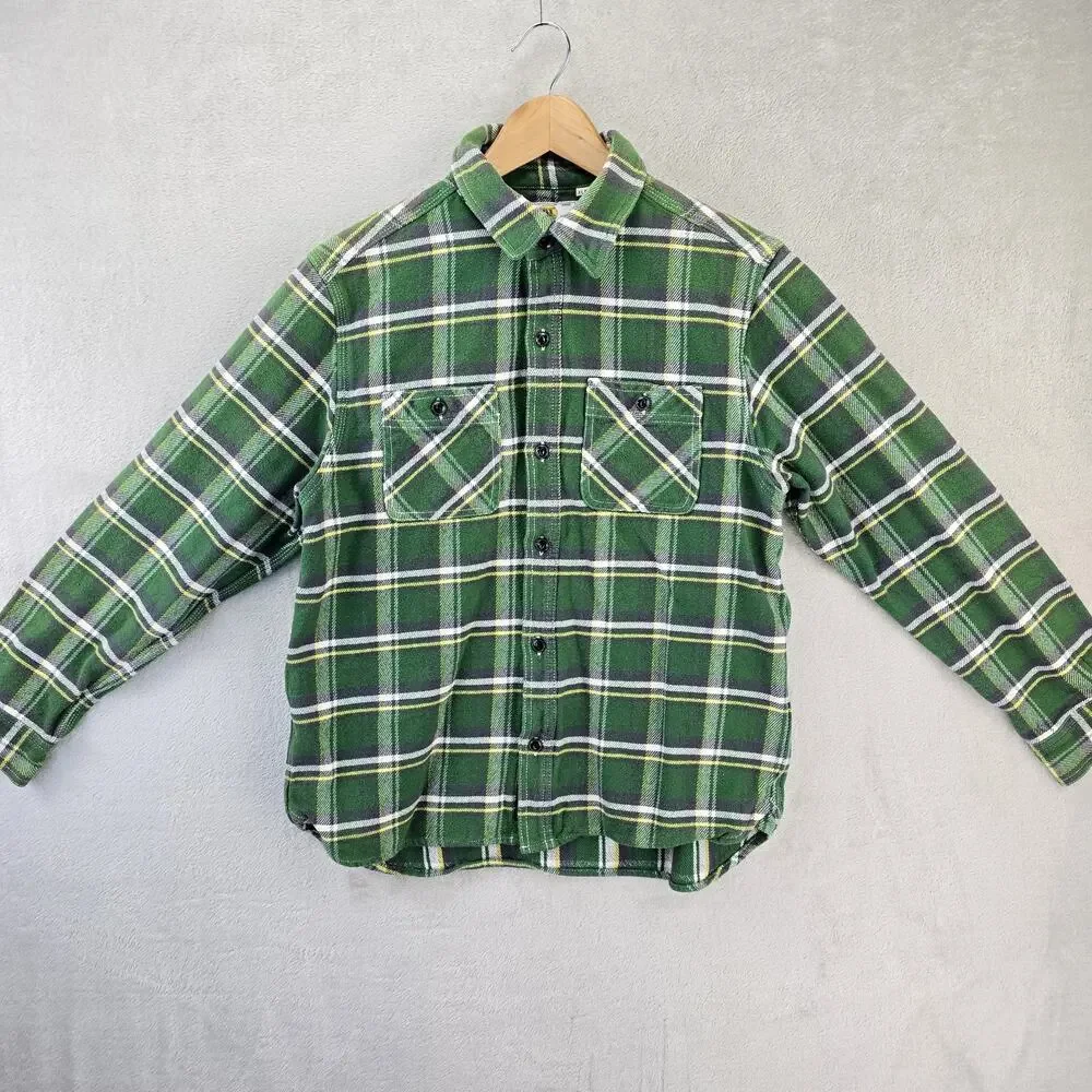 Fabrics Bronx Flannel Shirt Youth XL Green Plaid Union Made Sanforized Vintage